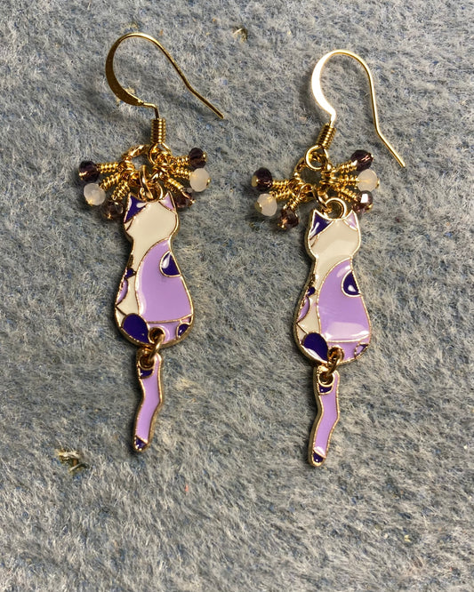 Violet, dark purple, and white enamel calico cat charm earrings adorned with tiny dangling violet, dark purple, and white Chinese crystal beads.