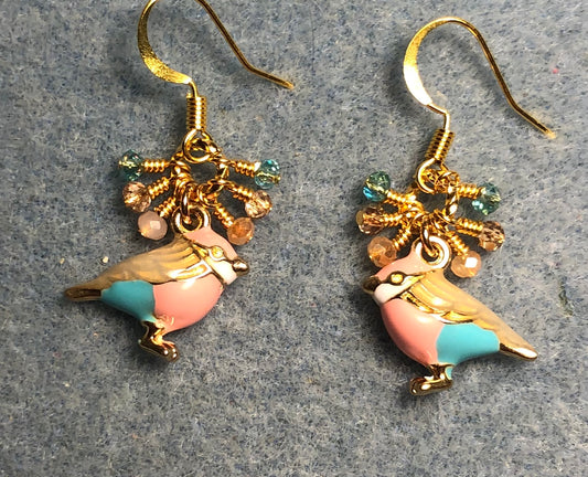 Peach, aqua, and tan enamel finch charm earrings adorned with tiny dangling peach, aqua, and tan Chinese crystal beads.