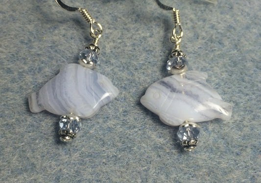 Small blue lace agate gemstone fish bead earrings adorned with light blue Chinese crystal beads.
