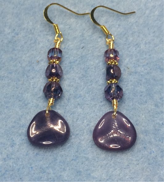 Opaque purple Czech glass rose petal earrings adorned with purple Czech glass beads.