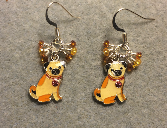 Small tan and amber enamel pug charm earrings adorned with tiny dangling tan and amber Chinese crystal beads.