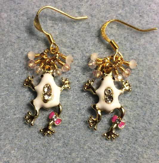 White and pink enamel and rhinestone frog charm earrings adorned with tiny dangling white, pink, and clear Chinese crystal beads.