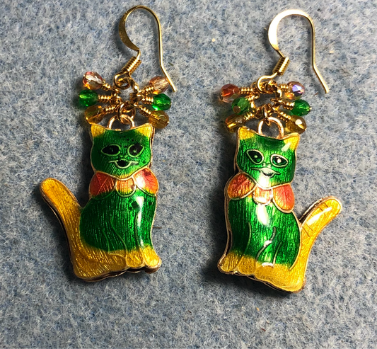 Green, topaz, and orange cloisonné cat charm earrings adorned with small dangling green, topaz, and orange Czech glass beads.