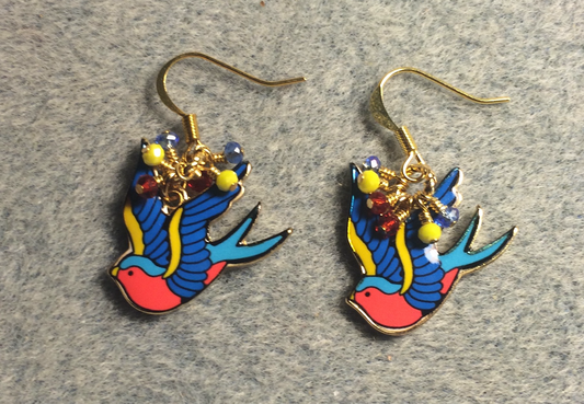 Blue, yellow, and red enamel flying dove charm earrings adorned with tiny dangling blue, yellow, and red Chinese crystal beads.