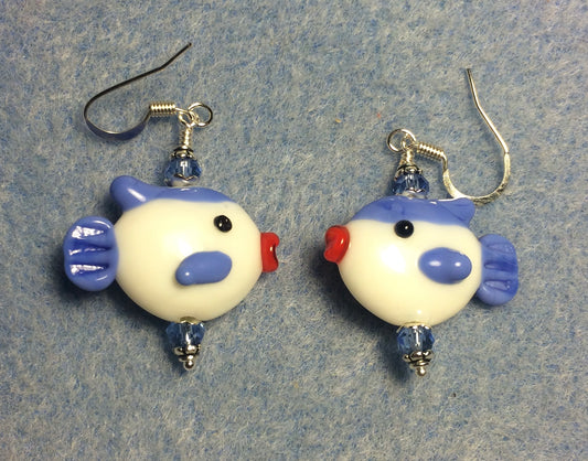 White, light blue, and red lamp work fish bead earrings adorned with light blue Chinese crystal beads.