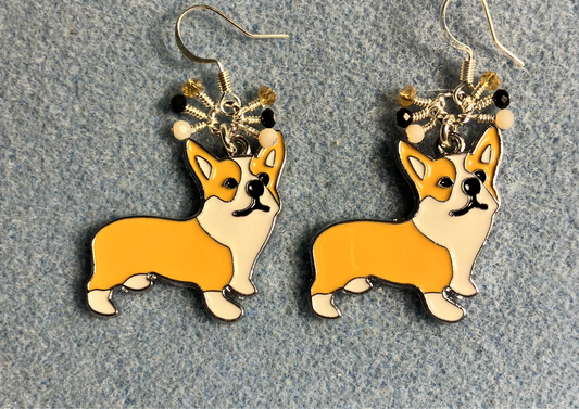 White, black, and tan enamel corgi charm earrings adorned with tiny dangling white, black, and tan Chinese crystal beads.