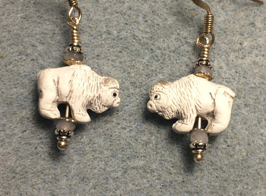 Small white ceramic buffalo bead earrings adorned with small white Chinese crystal beads.