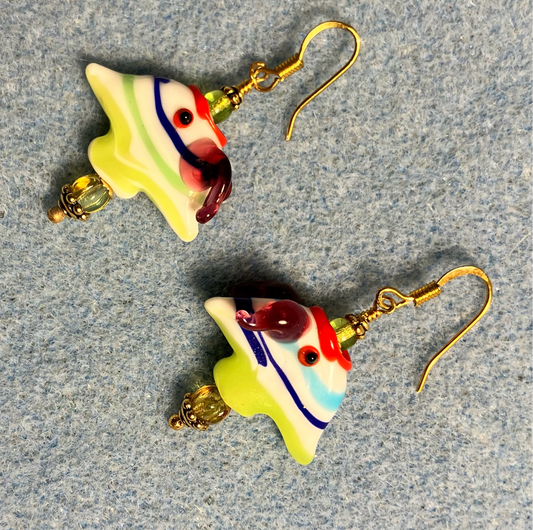 Olive green, dark blue, purple, and red lamp work striped angelfish bead earrings adorned with olive green Czech glass beads.