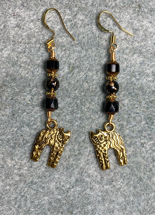 Gold cat charm earrings adorned with black Czech glass beads