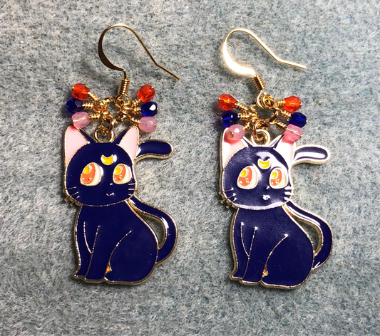 Dark blue, pink, and orange enamel cat charm earrings adorned with small dangling dark blue, pink, and orange Czech glass beads.