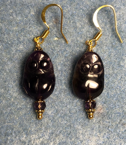 Small genuine amethyst gemstone frog bead earrings adorned with purple Chinese crystal beads.