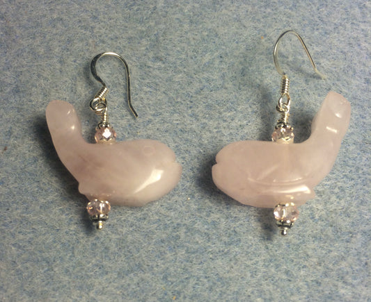 Pink rose quartz gemstone whale bead earrings adorned with pink Chinese crystal beads.