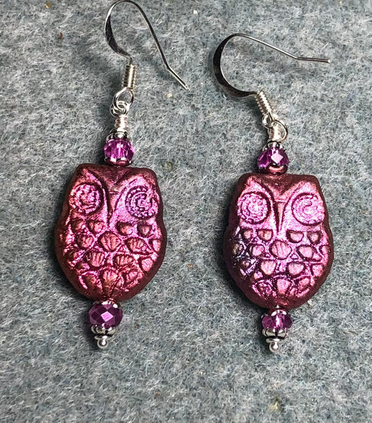 Metallic pink and purple Czech glass owl bead earrings adorned with metallic pink Chinese crystal beads.