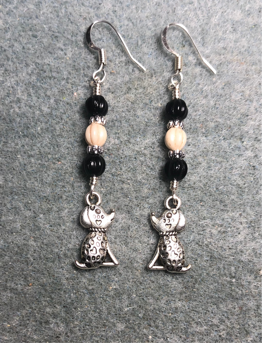 Small silver sitting Dalmatian puppy charm earrings adorned with small black and white Czech glass melon beads