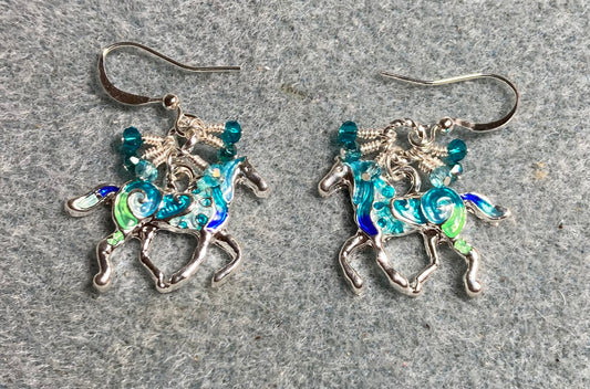 Teal, turquoise, and silver enamel horse charm earrings adorned with tiny dangling teal, turquoise, and silver Chinese crystal beads.