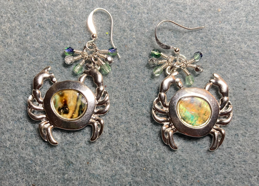 Large silver and green abalone crab charm earrings adorned with small dangling light green and silver Czech glass beads.
