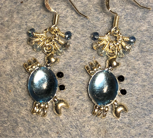 Silver and light blue rhinestone crab charm earrings adorned with tiny dangling silver and light blue Chinese crystal beads.