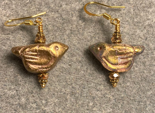 Gold Czech glass bird bead earrings adorned with gold Chinese crystal beads.