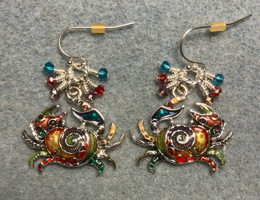 Silver and multicolored enamel crab charm earrings adorned with tiny dangling violet, red, and turquoise Chinese crystal beads.