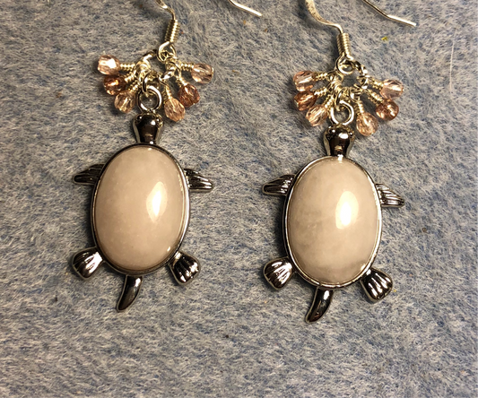 Large silver and light pink quartz gemstone turtle charm earrings adorned with small dangling light pink Czech glass beads.