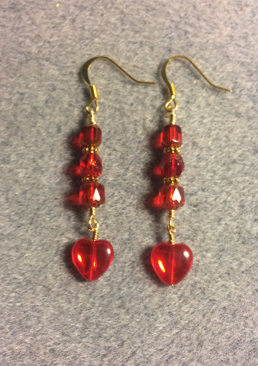 Small bright red Czech glass heart bead earrings adorned with red Czech glass beads.