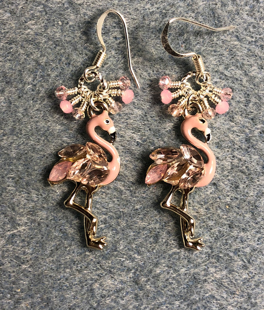 Pink enamel and rhinestone flamingo charm earrings adorned with tiny dangling light pink Chinese crystal beads.