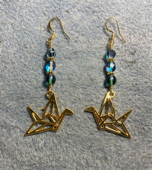 Gold origami crane charm earrings adorned with blue purple green Czech glass beads