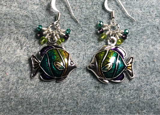 Olive green, teal, and purple enamel angelfish charm earrings adorned with tiny dangling olive green, teal, and purple Chinese crystal beads.