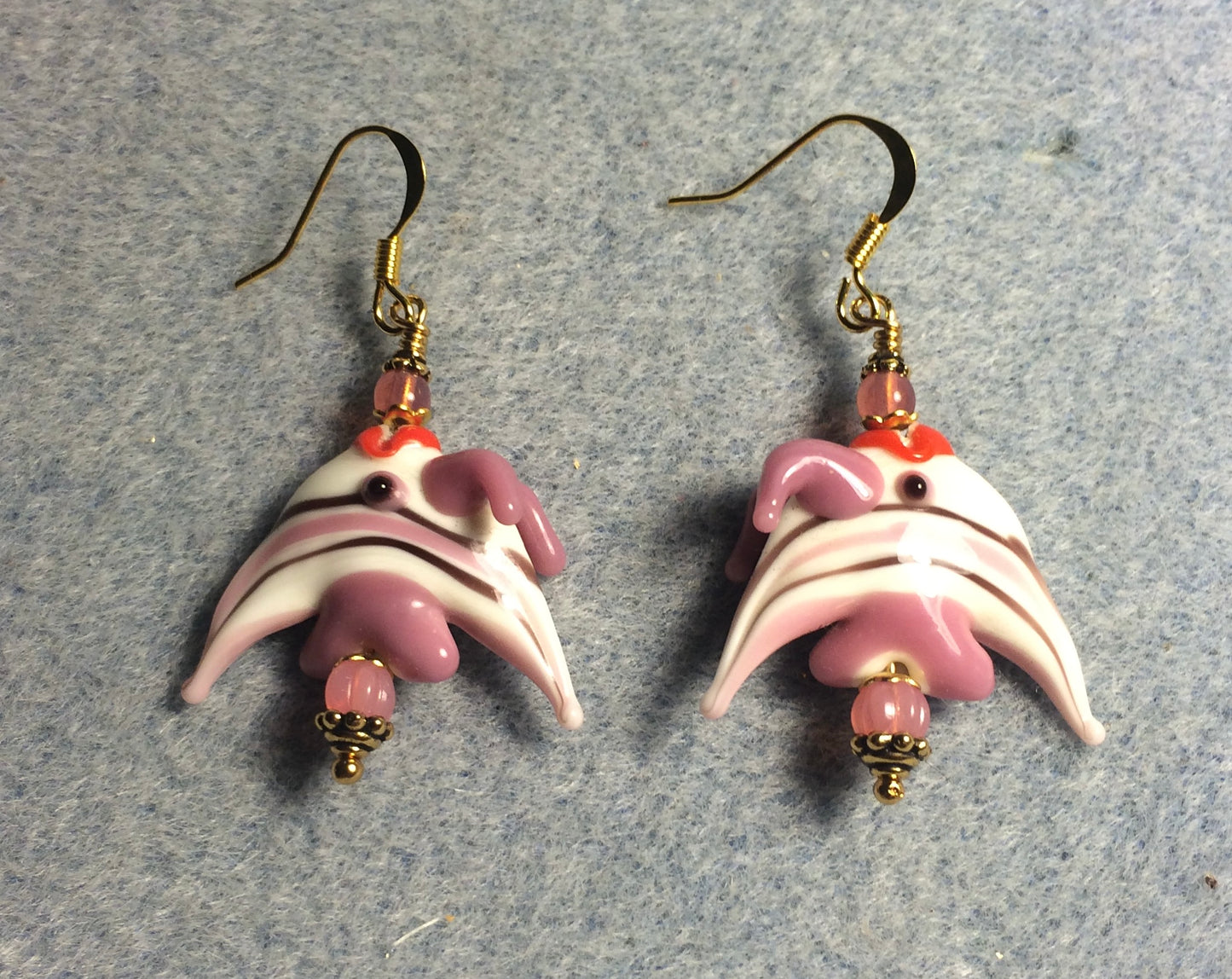 Pink and white lamp work striped angelfish bead earrings adorned with pink Czech glass beads.