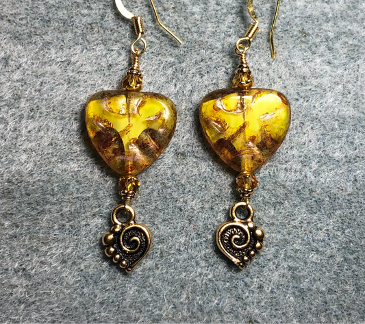 Yellow Picasso Czech glass heart bead earrings made with amber Chinese crystal beads and gold Tierracast spiral heart charms.