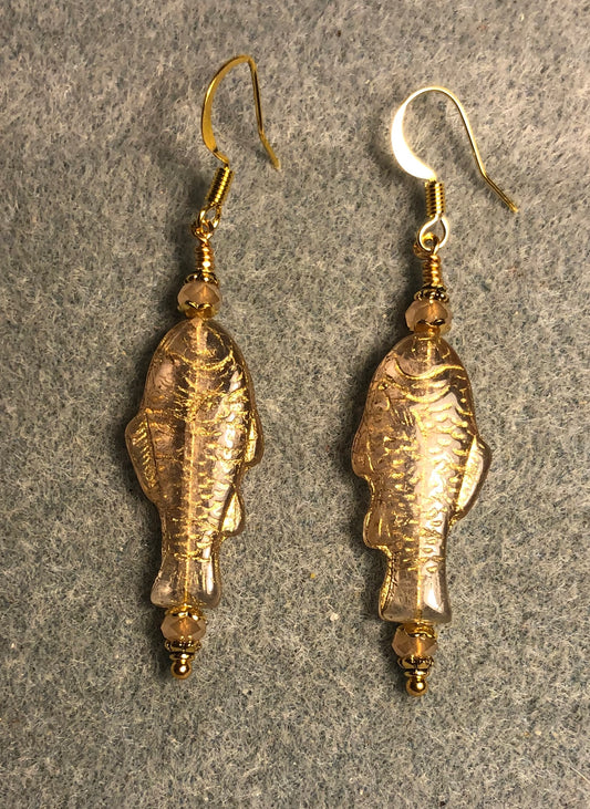 Peach (with gold inlay) Czech glass fish bead earrings adorned with peach Chinese crystal beads.