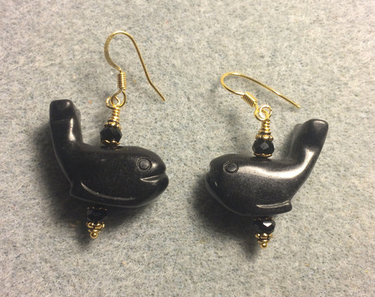 Black onyx gemstone whale bead earrings adorned with black Chinese crystal beads.