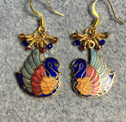 Vintage blue, red, and amber cloisonné swan charm earrings adorned with tiny dangling blue, red, and amber Chinese crystal beads.