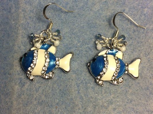 Blue and white enamel and rhinestone striped fish charm earrings adorned with tiny dangling blue, white, and clear Chinese crystal beads.