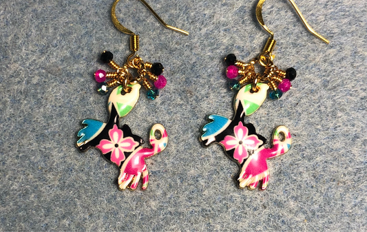 Hot pink, black, and turquoise enamel crab charm earrings adorned with tiny dangling hot pink, black, and turquoise Chinese crystal beads.