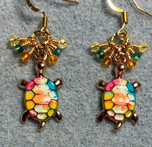 Orange, teal, yellow, and pink enamel turtle charm earrings adorned with tiny dangling orange, teal, yellow, and pink Chinese crystal beads.