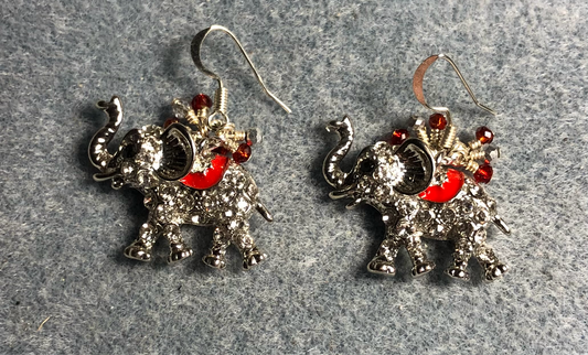 Silver and red enamel and rhinestone elephant charm earrings adorned with tiny dangling silver and red Chinese crystal beads.