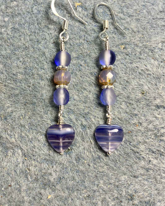 Small bluish violet Czech glass heart bead earrings adorned with blue and violet Czech glass beads.
