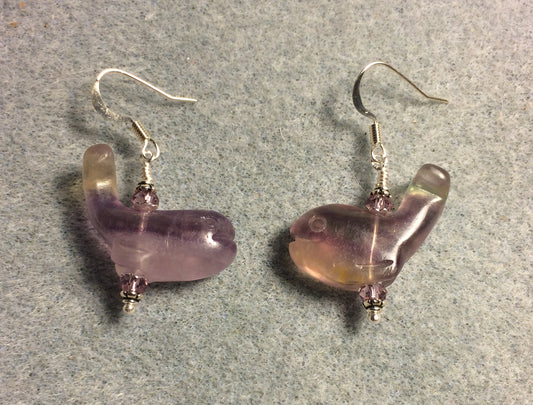 Purple fluorite gemstone whale bead earrings adorned with purple Chinese crystal beads.