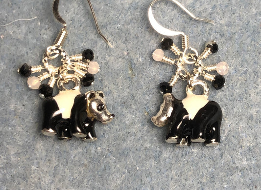Small silver, black, and white enamel panda bear charm earrings adorned with tiny dangling black and white Chinese crystal beads.