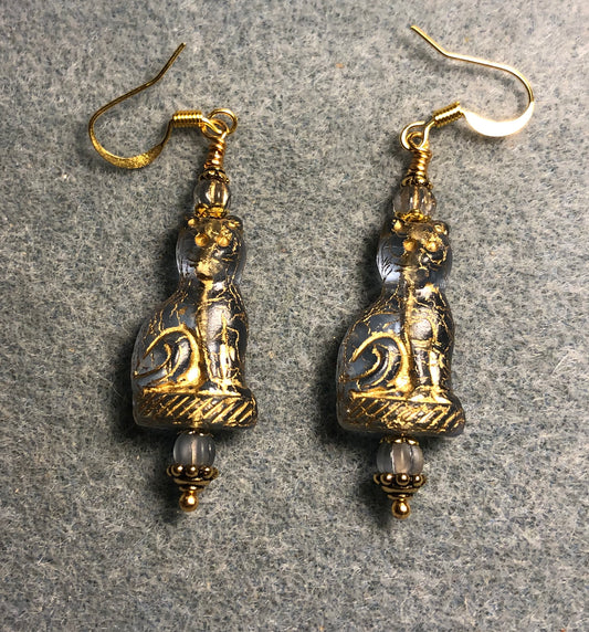 Translucent light blue (with gold inlay) fancy Czech glass cat bead earrings adorned with light blue Czech glass beads.