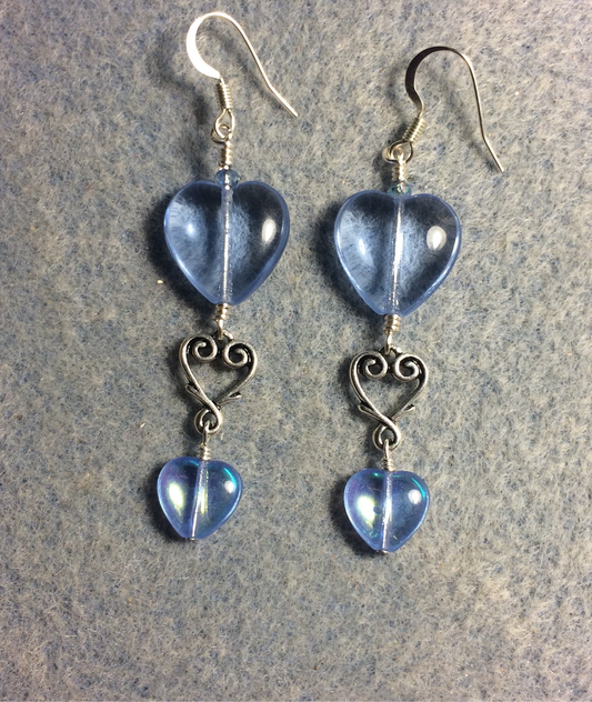 Large and small matching light blue Czech glass heart bead earrings joined by silver Tierracast heart connectors.
