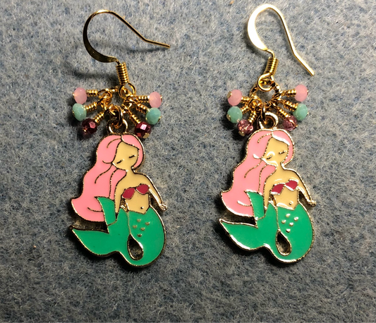 Pink, green, and rose enamel mermaid charm earrings adorned with tiny dangling pink, green, and rose Chinese crystal beads.