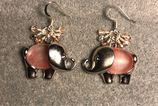 Large silver and rose quartz gemstone elephant charm earrings adorned with small dangling pink and silver Czech glass beads.