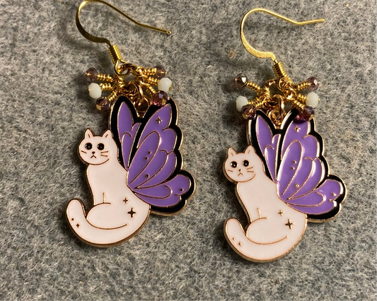 White and purple enamel cat charm earrings adorned with tiny dangling purple and white Chinese crystal beads.