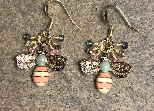 Light blue and pink enamel and rhinestone honeybee charm earrings adorned with tiny dangling hot blue, pink, and silver Chinese crystal beads.