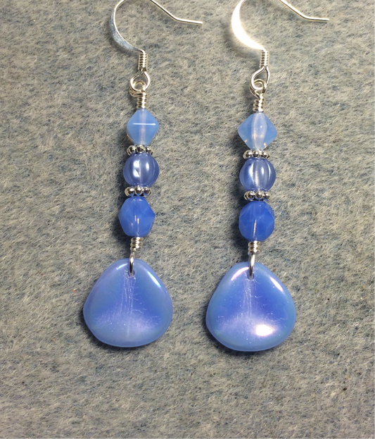 Opaque light blue Czech glass rose petal earrings adorned with light blue Czech glass beads.