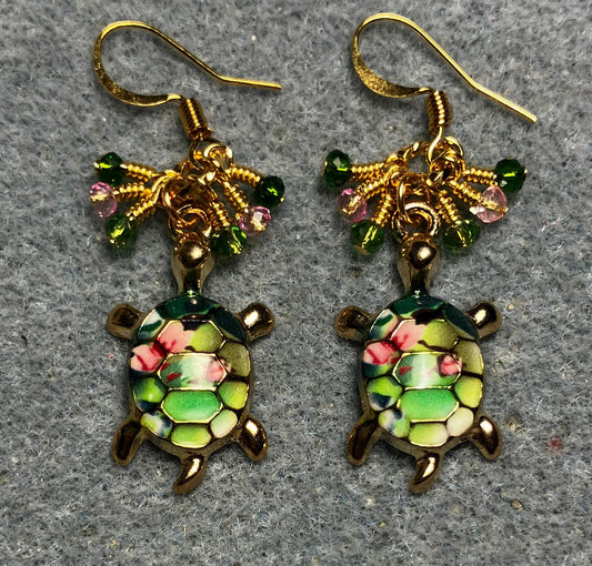 Green and pink enamel turtle charm earrings adorned with tiny dangling green and pink Chinese crystal beads.
