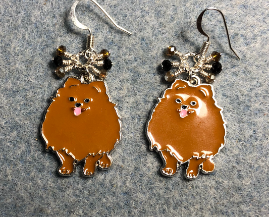 Brown enamel Pomeranian dog charm earrings adorned with tiny dangling brown, amber, and black Chinese crystal beads.