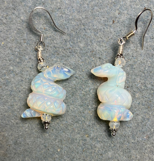 Opalite gemstone coiled snake bead earrings adorned with white Chinese crystal beads.